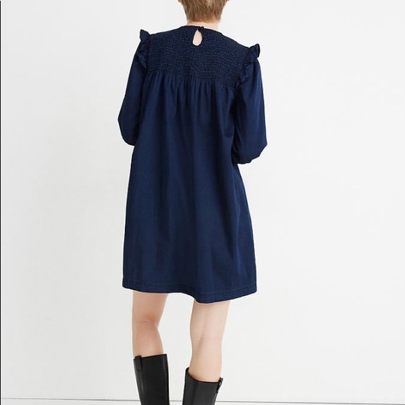Madewell Indigo Ruffle-Neck Smocked Babydoll Dress - Picture 3 of 10